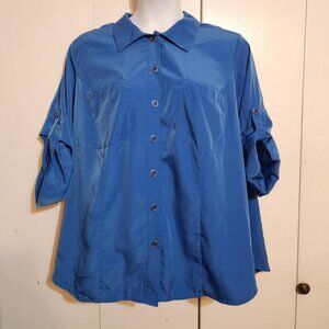 Women's Plus Size 24W Roaman's Blue Roll Tab Sleeve Button Up Blouse NWD
